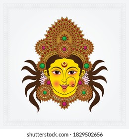 Illustration of Durga Pooja, Smiling Happy Face of Bengali Goddess Maa Durga for Happy Navratri, Shubh Diwali Festival with Traditional Indian temple jewelry of gold silver pearl.