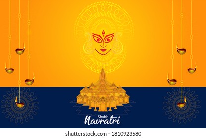 illustration of durga puja. happy navratri. beautiful design of Goddess Durga, golden jewellery.Ram temple model.