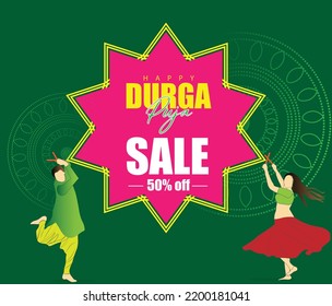 illustration of durga puja. happy navratri. beautiful design of Goddess Durga, golden jewellery. sale banner