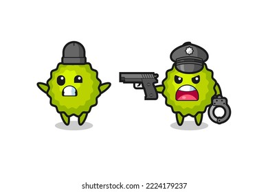illustration of durian robber with hands up pose caught by police , cute style design for t shirt, sticker, logo element