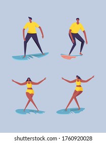 Illustration during the summer, a man and woman surfing the beach. Perfect for websites, mobile, landing pages