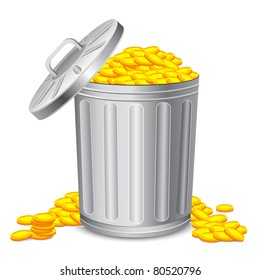 illustration of dustbin full of gold coin