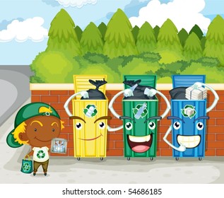 Illustration of dustbins on colorful background