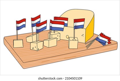 Illustration of dutch cheese cubes with flags on wooden cutting board