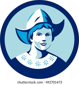 Illustration of a Dutch lady wearing traditional dutch cap or dutch bonnet that resemble a nurse's hat facing front set inside circle done in retro style. 