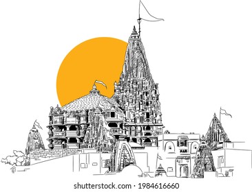 Illustration of Dwarka Temple, Gujarat, India.