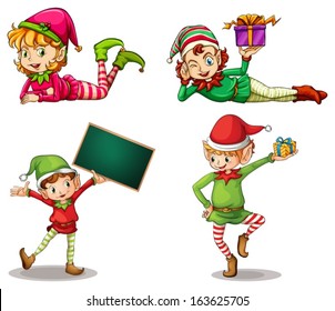 Illustration of the dwarves wearing hats for Christmas and an empty signboard on a white background