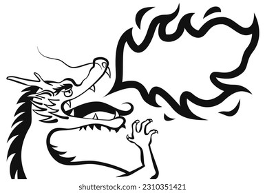 An illustration with a dynamic black and white line drawing illustration of a dragon blowing fire. Put whatever text you like in the flame. Vector illustration.