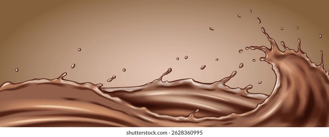 Illustration of a dynamic chocolate wave with splashes on a soft brown background. Rich brown shades create a delicious and inviting visual, perfect for dessert themes.