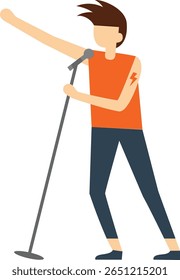 Ilustração de uma cantora dinâmica apaixonadamente se apresentando no palco, segurando um microfone. O estilo vibrante do personagem e a postura animada transmitem emoção e energia em um cenário musical