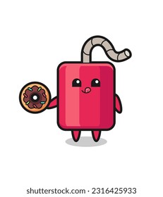 illustration of an dynamite character eating a doughnut , cute style design for t shirt, sticker, logo element