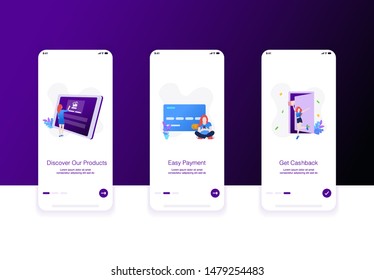 Illustration of e commerce onboarding screen. Discover our product, easy payment, get cashback. Modern flat design concept.