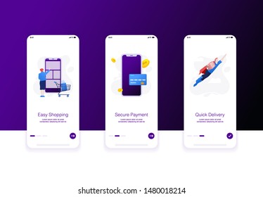 Illustration of e commerce onboarding screen. Easy Shopping, secure payment, quick deliver. Modern flat design concept.