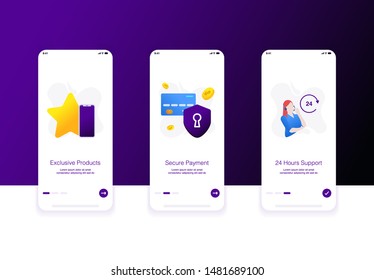 Illustration of e commerce onboarding screen. Exclusive product, secure payment, 24 hours customer support. Modern flat design concept.