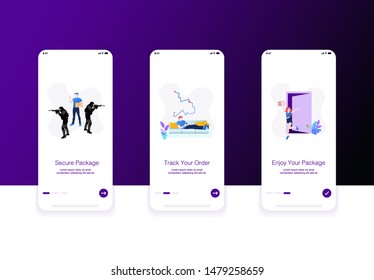 Illustration of e commerce or shipping onboarding screen. Secure package, tracking order, enjoy package . Modern flat design concept.