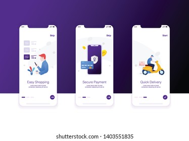 Illustration of e commerce step easy shopping, security payment and quick delivery. Modern flat design concept, onboarding screen.