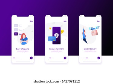 Illustration of e commerce step easy shopping, security payment and quick delivery. Modern flat design concept, onboarding screen.