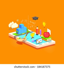 illustration of e learning concept on mobile in flat style