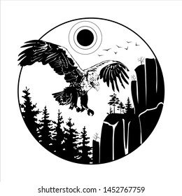 Illustration of an eagle above the coniferous forest. Rocky mountain landscape and clouds. Graphic vector illustration. Tattoo, travel, adventure, symbol of wildlife. Natural open spaces. Ecology.