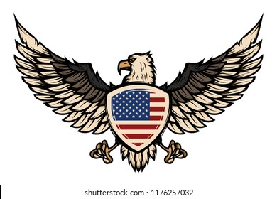 Illustration of eagle with american flag. Design element for poster, flyer, emblem, sign. Vector illustration. 