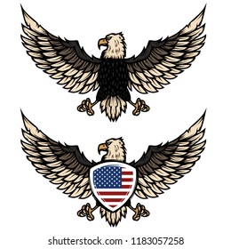 Illustration of eagle with american flag. Design element for poster, flyer, emblem, sign. Vector illustration.