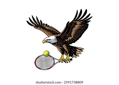 illustration of an eagle carrying a tennis racket and ball