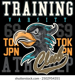 Illustration of an eagle or falcon head with contrasting shadows and textures. Urban military and sporty design with texts complementing the design. Wings and gradients.