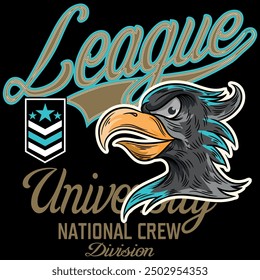 Illustration of an eagle or falcon head with contrasting shadows and textures. Urban military and sporty design with texts complementing the design. Wings and gradients.