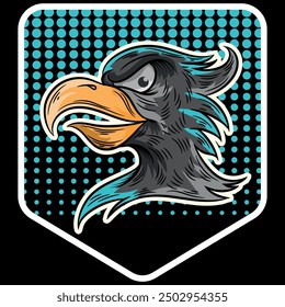 Illustration of an eagle or falcon head with contrasting shadows and textures. Urban military and sporty design with texts complementing the design. Wings and gradients.