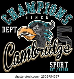 Illustration of an eagle or falcon head with contrasting shadows and textures. Urban military and sporty design with texts complementing the design. Wings and gradients.