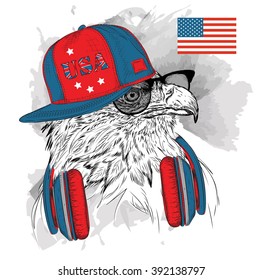 Illustration of eagle in the glasses, headphones and in hip-hop hat with print of USA. Vector illustration.
