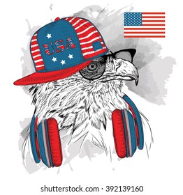 Illustration of eagle in the glasses, headphones and in hip-hop hat with print of USA. Vector illustration.