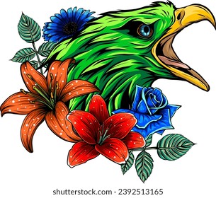 illustration of eagle head with flower on white background