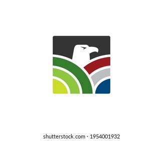 illustration of eagle head pop up from colorful natural hill valley