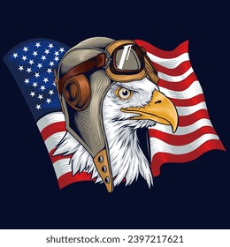 Illustration of an eagle head wearing a retro pilot helmet with an American flag background