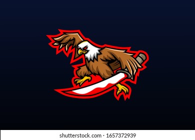 Illustration eines Adlers, der ein für das Teamlogo oder das Begleitlogo und das Maskottlogo oder das T-Shirt-Design geeignetes Schwert voll Blut hält