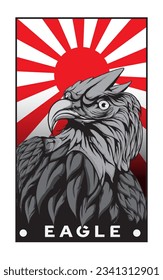 illustration of an eagle with a Japanese flag background, Wild and free print design for t-shirt. Eagle face vintage artwork for poster, sticker, background. Wild life illustration. 