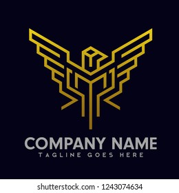 illustration of eagle and M line images in the center, sharp gold in dark background, cool logos for business and industry, web, templates, brand vectors, symbols of strength and security
