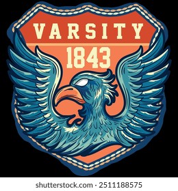 Illustration of an eagle in a military and tattoo style with blue colors and military college design texts and numbers on a patch and zig zag patterns, timeless fashion design.