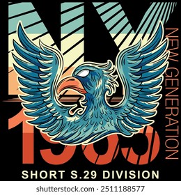 Illustration of an eagle in a military and tattoo style with blue colors and military college design texts and numbers on a patch and zig zag patterns, timeless fashion design.