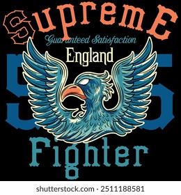 Illustration of an eagle in a military and tattoo style with blue colors and military college design texts and numbers on a patch and zig zag patterns, timeless fashion design.