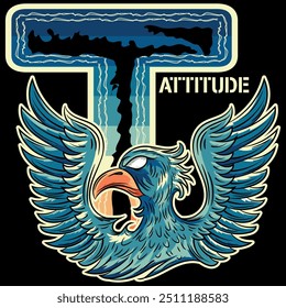 Illustration of an eagle in a military and tattoo style with blue colors and military college design texts and numbers on a patch and zig zag patterns, timeless fashion design.