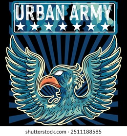 Illustration of an eagle in a military and tattoo style with blue colors and military college design texts and numbers on a patch and zig zag patterns, timeless fashion design.