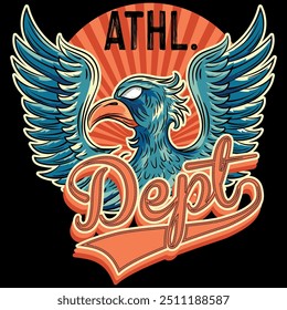 Illustration of an eagle in a military and tattoo style with blue colors and military college design texts and numbers on a patch and zig zag patterns, timeless fashion design.