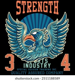 Illustration of an eagle in a military and tattoo style with blue colors and military college design texts and numbers on a patch and zig zag patterns, timeless fashion design.