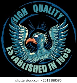 Illustration of an eagle in a military and tattoo style with blue colors and military college design texts and numbers on a patch and zig zag patterns, timeless fashion design.