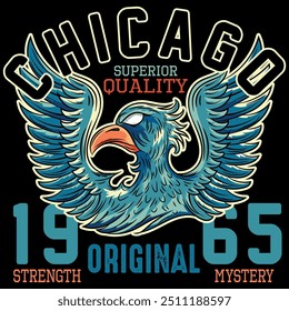 Illustration of an eagle in a military and tattoo style with blue colors and military college design texts and numbers on a patch and zig zag patterns, timeless fashion design.