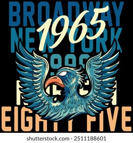 Illustration of an eagle in a military and tattoo style with blue colors and military college design texts and numbers on a patch and zig zag patterns, timeless fashion design.