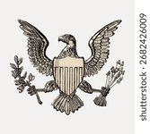 Illustration of an eagle with outstretched wings, holding an olive branch and arrows. Eagle symbolizing strength and freedom. Detailed eagle drawing in vintage style. Vintage eagle shield vector.