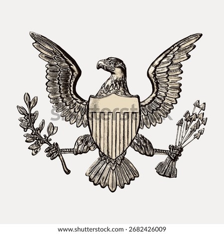 Illustration of an eagle with outstretched wings, holding an olive branch and arrows. Eagle symbolizing strength and freedom. Detailed eagle drawing in vintage style. Vintage eagle shield vector.